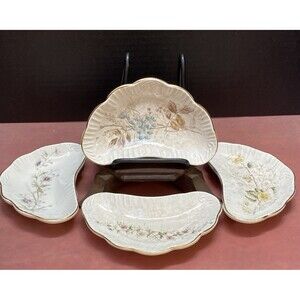 4 Antique Ironstone Bone Dish Waste Wild Flower Transferware Crescent Plate READ